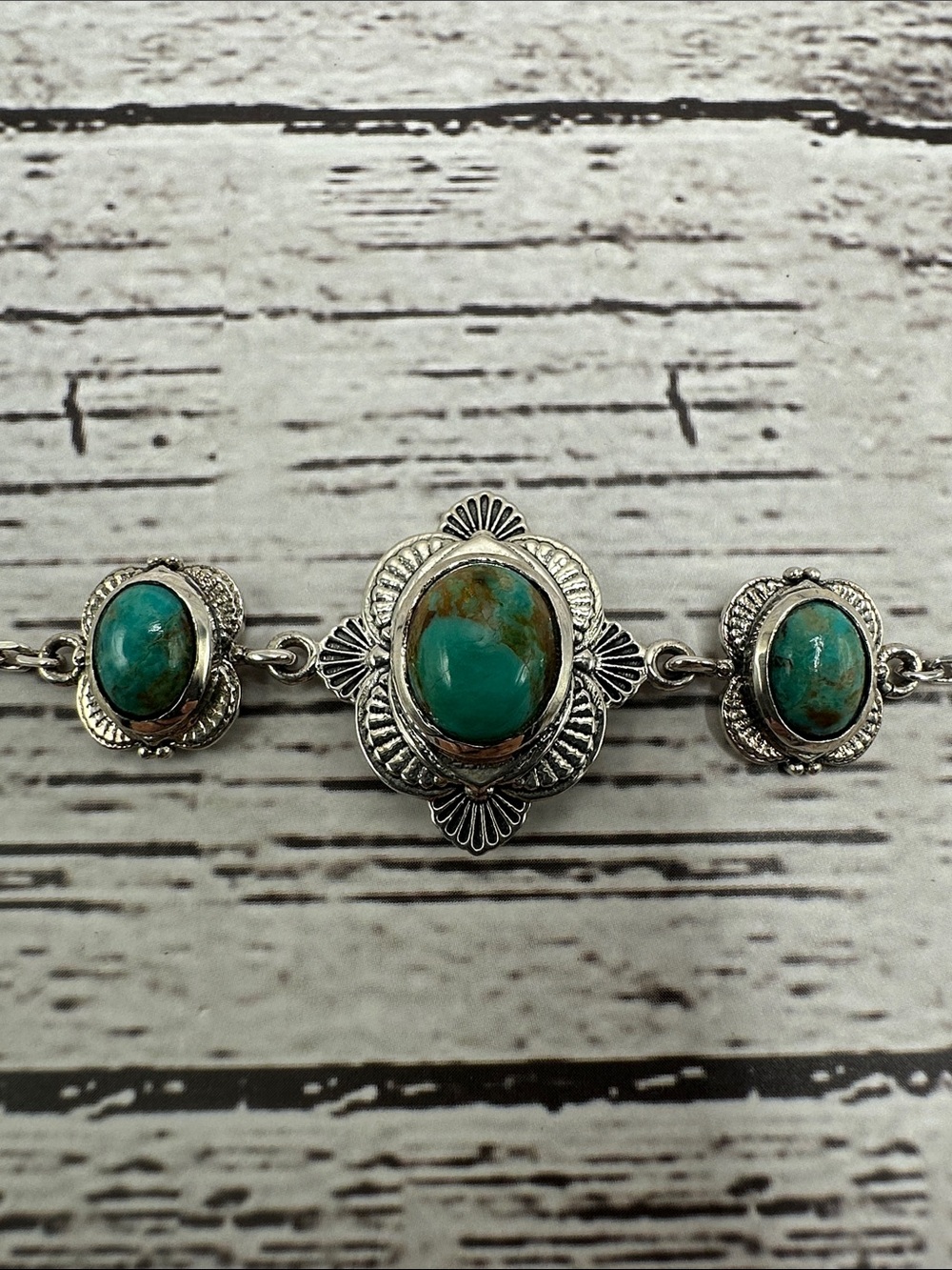 Sterling Silver Bracelet with Kingman Turquoise Green/Blue Oval Stones